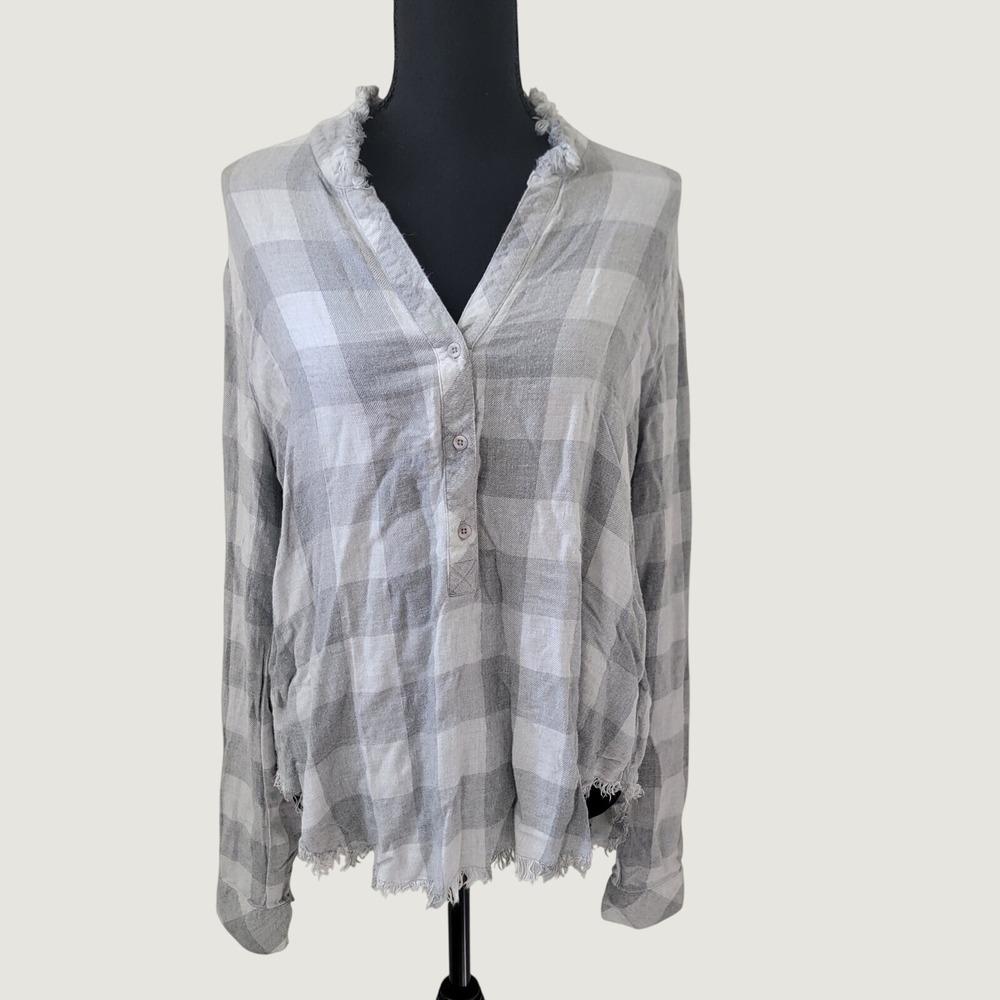 Cloth & Stone Women Gray White Buffalo Plaid Frayed Henley Top Yoke Casual Large